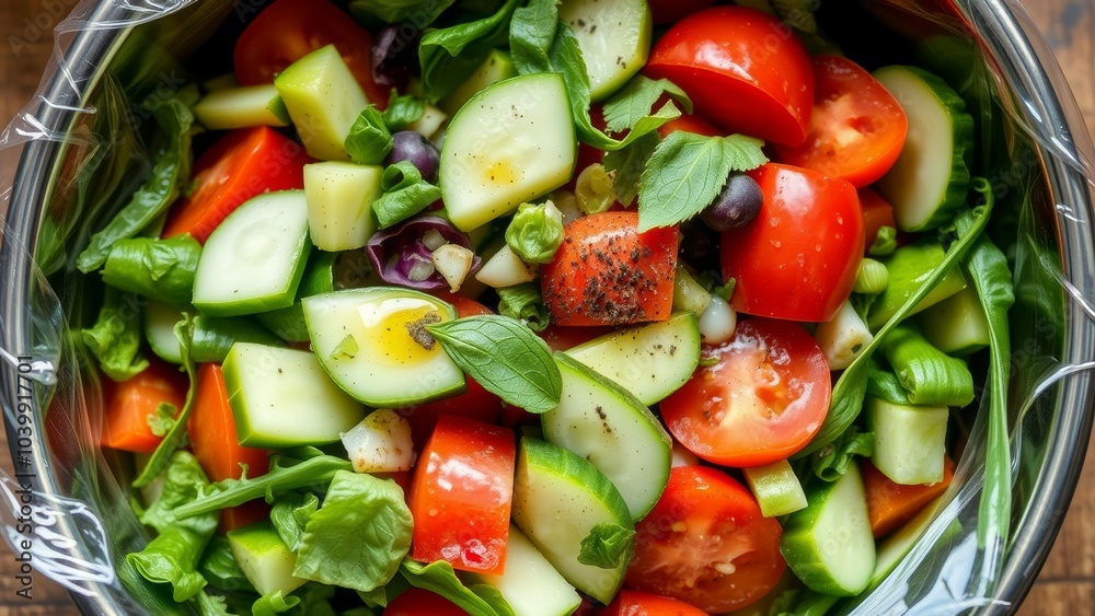 Fresh salad with tomatoes, cucumber, and basil. Fresh salad with tomatoes, cucumber, and basil.