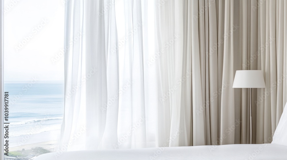 Serene Hotel Room with Ocean View and Sheer Curtains Serene Hotel Room with Ocean View and Sheer Curtains