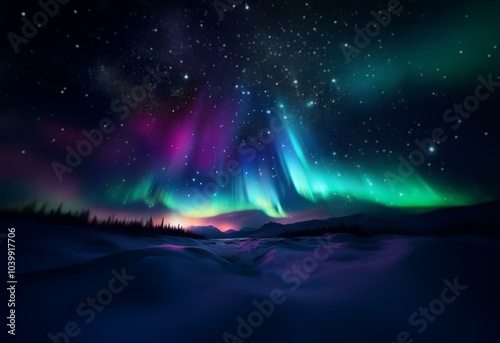 A night sky illuminated with the aurora borealis. The sky is full of stars and vibrant green, blue, and purple lights dance across the sky.