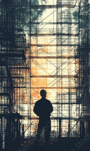 Silhouette of a worker amidst scaffolding.