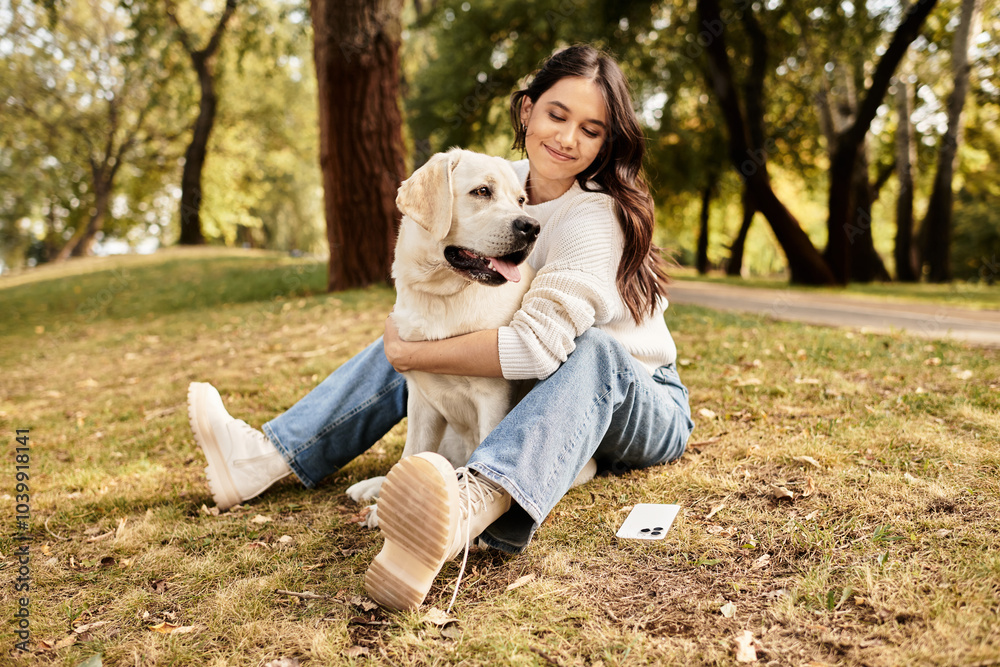 Fototapeta premium A young woman embraces her loyal dog while sitting on the grass in a serene autumn park.