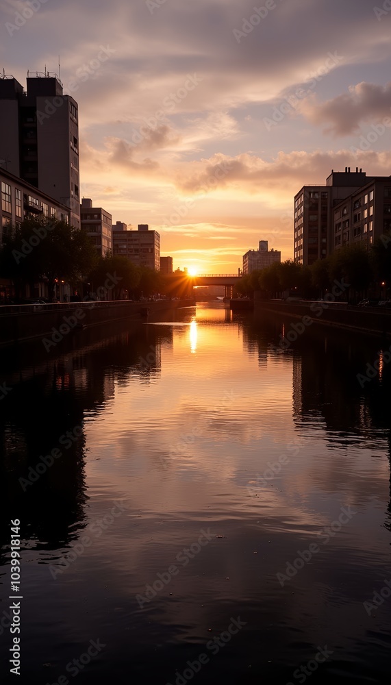 Fototapeta premium Serene sunset reflection over a river with buildings along the banks