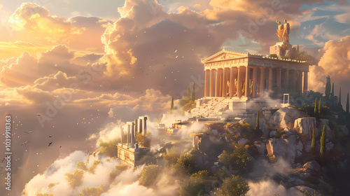 A dreamy Greek temple floating clouds,Surreal art Ancient Greek temple myth.	
