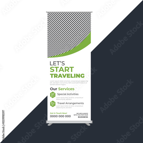 Modern travel rollup banner design template for business, agency.layer organized multipurpose use retractable outdoor pullup
