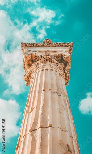 Ancient pillar against a vibrant blue sky.