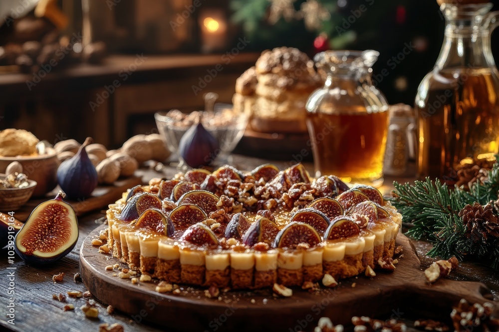 festive dessert display, cosy kitchen scene with fig desserts, honey, nuts, and festive decor as backdrop creates a warm and inviting ambiance festive dessert display, cosy kitchen scene with fig desserts, honey, nuts, and festive decor as backdrop creates a warm and inviting ambiance