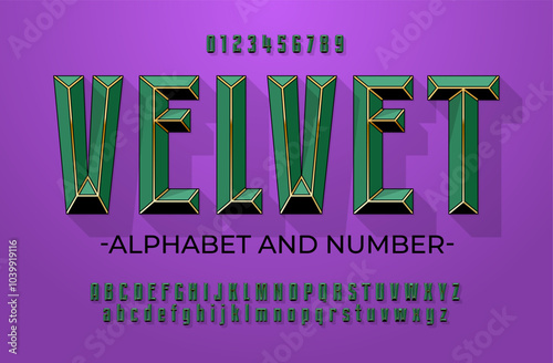 Green luxurious alphabet with gold inserts. Font in the color of expensive Victorian velvet inlaid with gold lines. Set with numbers, upper and lower case letters.