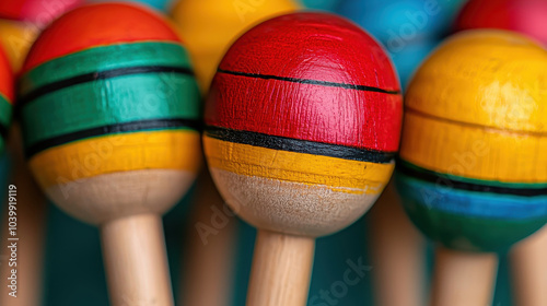 Colorful maracas create vibrant rhythm, showcasing their wooden craftsmanship and lively hues. These musical instruments are perfect for adding energy to any celebration