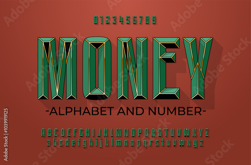 Green luxurious alphabet with gold inserts. Font in the color of expensive Victorian velvet inlaid with gold lines. Set with numbers, upper and lower case letters.