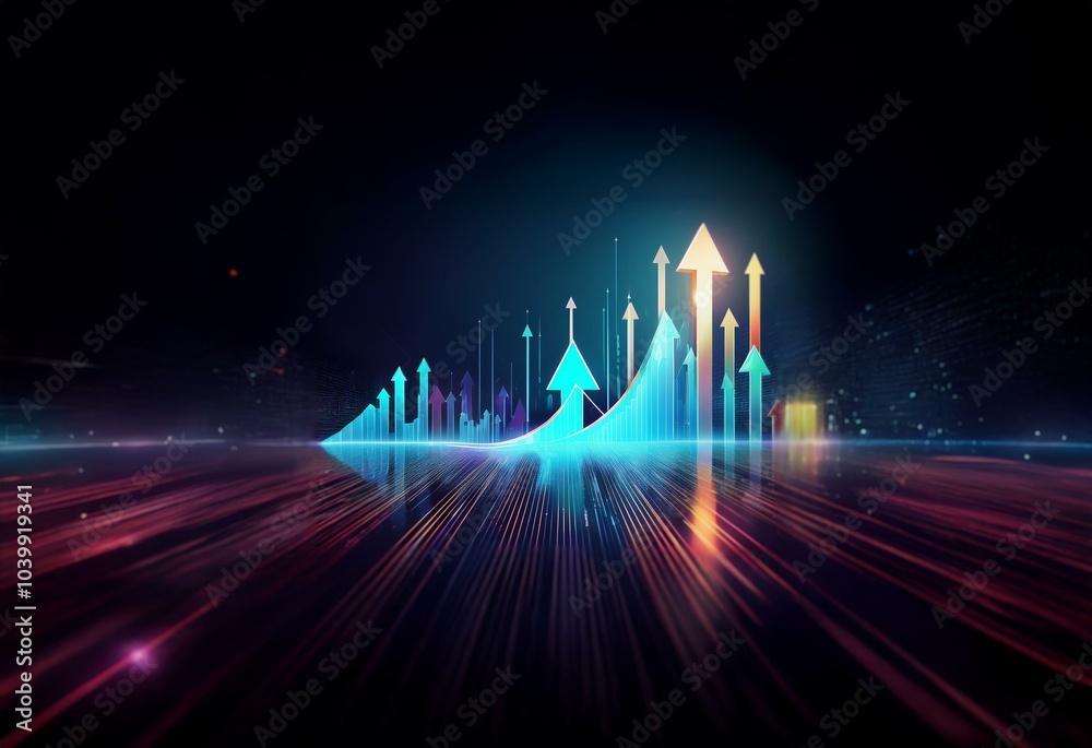 A glowing blue and orange arrow graph rising against a dark background with lines of light. A glowing blue and orange arrow graph rising against a dark background with lines of light.