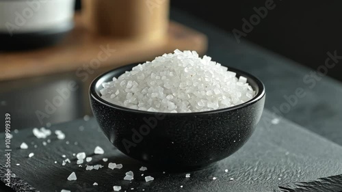 A bowl of coarse salt sits on a black slate serving tray