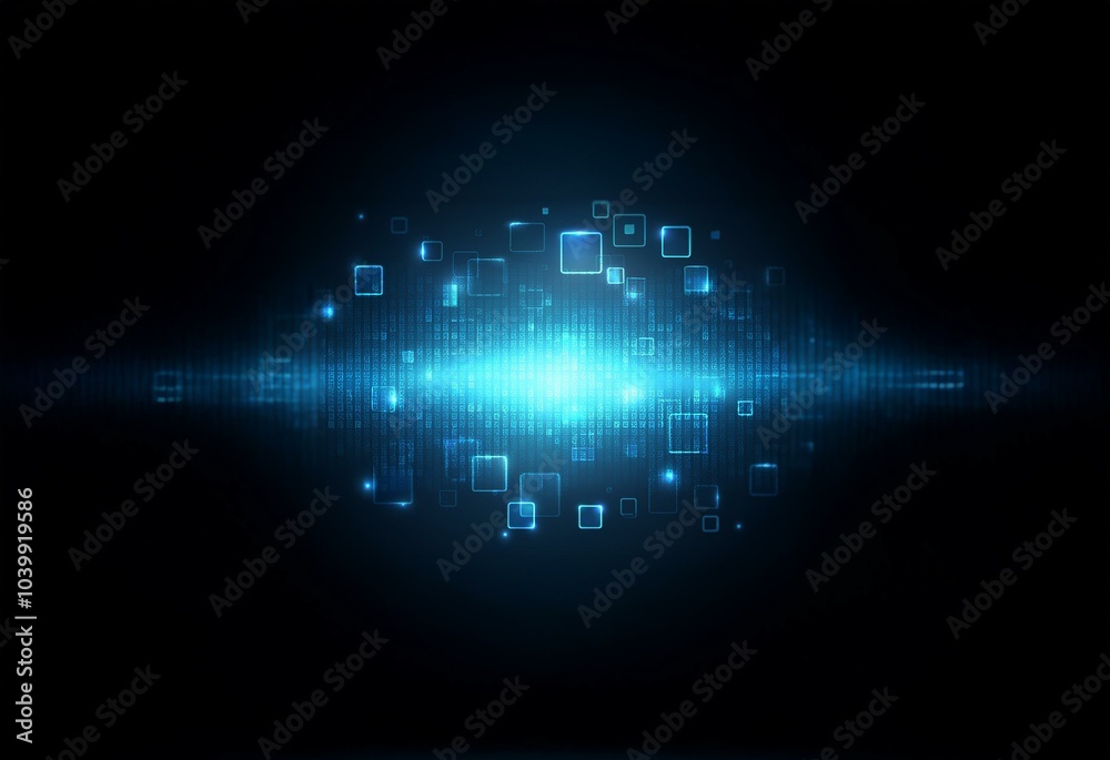 Abstract digital background with glowing blue squares and a blurred line of code. Abstract digital background with glowing blue squares and a blurred line of code.