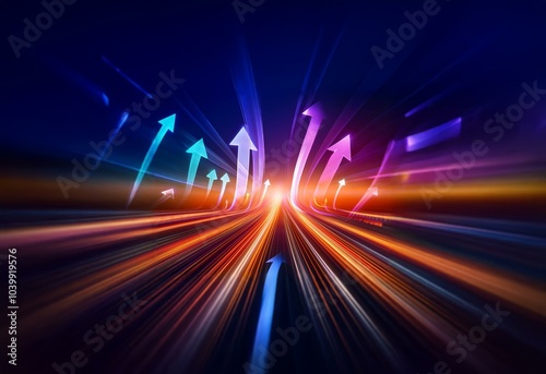 Abstract glowing light streaks on a dark background with arrows pointing upward.