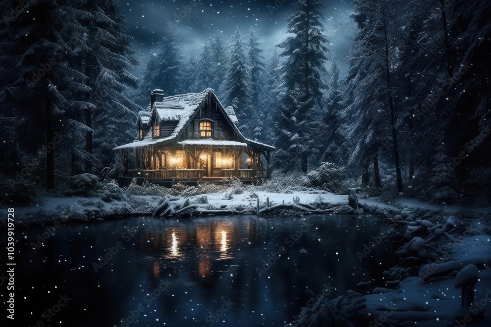 Fototapeta premium Illuminated cabin in snowy forest spooky tranquility architecture illuminated building.
