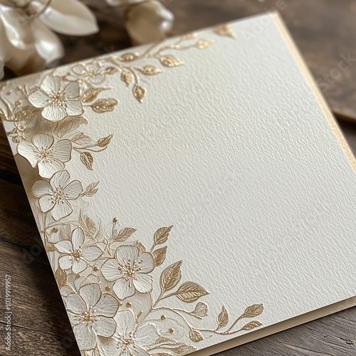 Embossed floral wedding invitation card with delicate gold detailing. photo