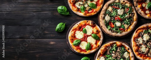 Delicious pizzas with fresh ingredients on a rustic wooden table.