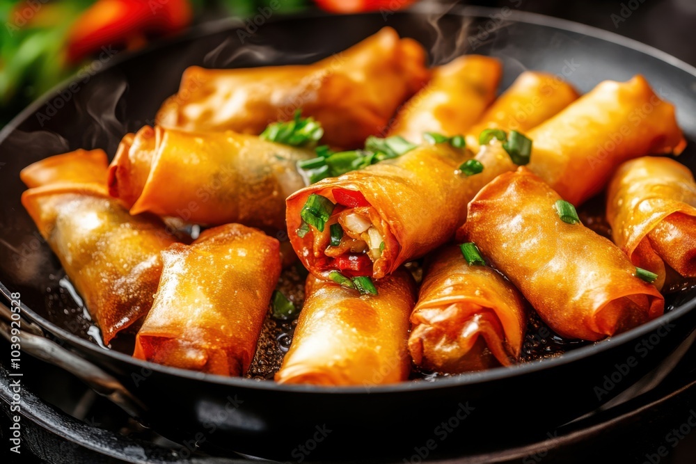 Traditional Thai Spring Rolls Frying in a Pan Traditional Thai Spring Rolls Frying in a Pan