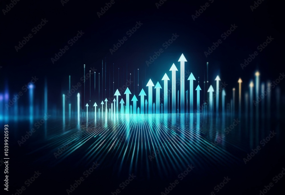 Glowing blue arrows point upwards, representing growth, on a dark blue background with lines radiating from the center. Glowing blue arrows point upwards, representing growth, on a dark blue background with lines radiating from the center.