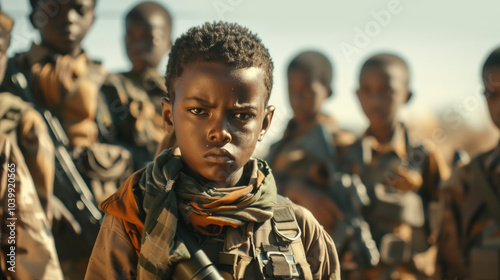 Determined young African soldier in desert attire, leading a group. Stark image depicting the complex issue of child recruitment in war-torn regions