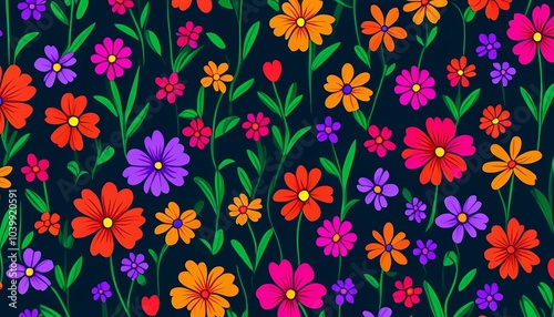 Illustration of cartoon flower and leaf wallpaper, with bright colors and an abstract style