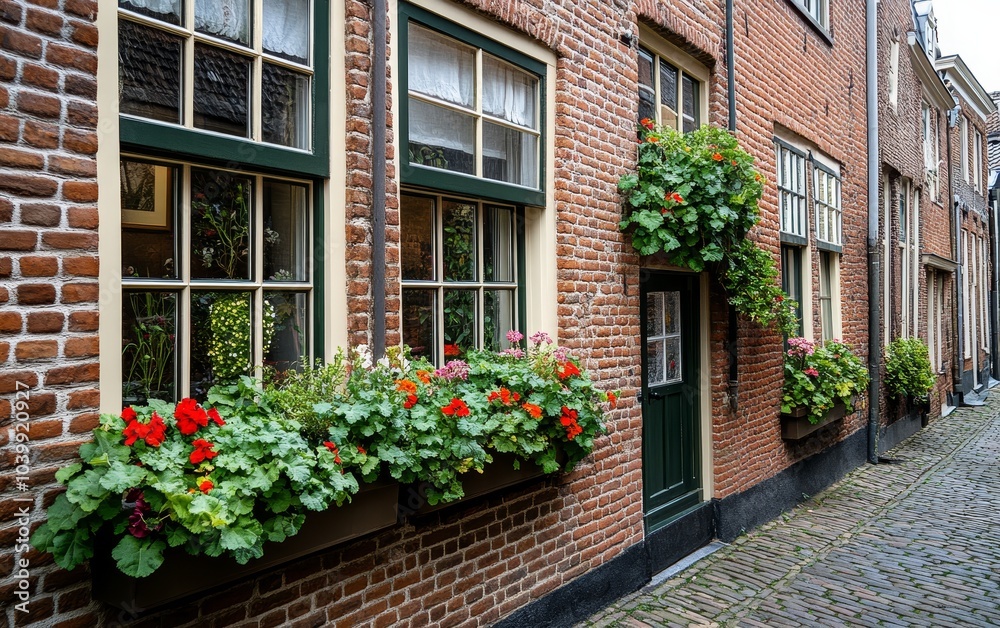 Charming brick street with flower-filled window boxes and quaint architecture. Charming brick street with flower-filled window boxes and quaint architecture.