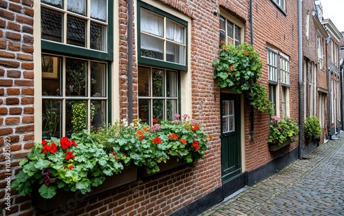 Charming brick street with flower-filled window boxes and quaint architecture.