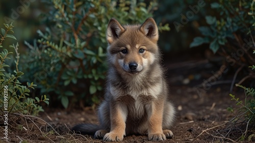 A young wolf pup sits in the forest, looking directly at the camera with a curious expression. photo