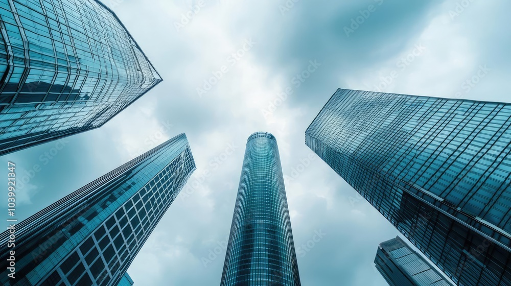 Fototapeta premium Skyscrapers against a cloudy sky, showcasing modern architecture.