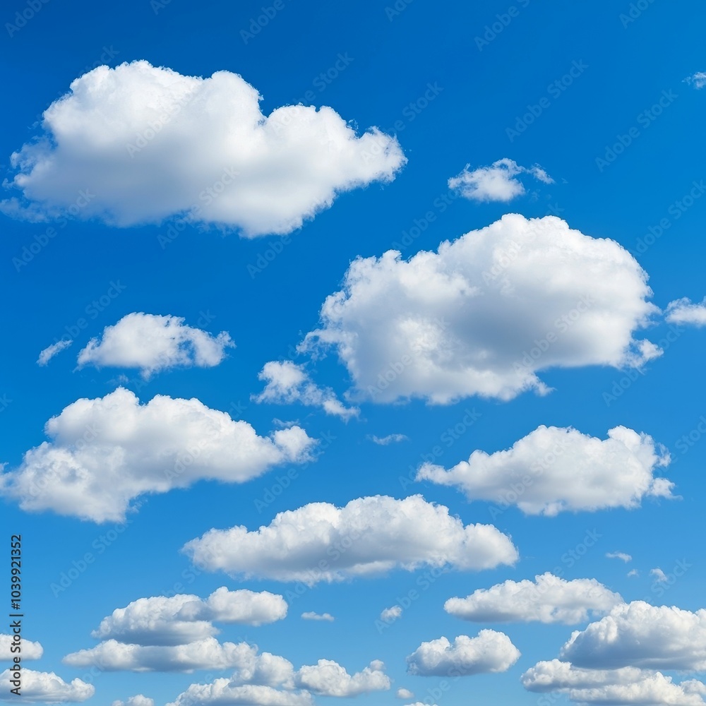 Fototapeta premium A clear blue sky dotted with fluffy white clouds creates a serene and peaceful atmosphere.