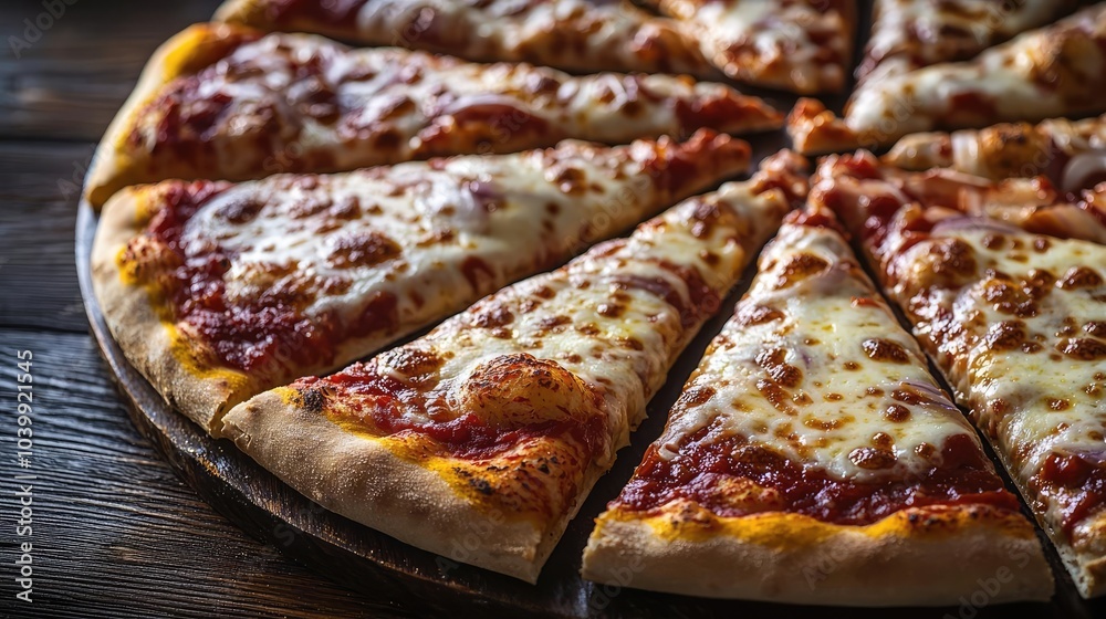 Deliciously baked pizza with golden crust and melted cheese, served on a wooden table. Deliciously baked pizza with golden crust and melted cheese, served on a wooden table.