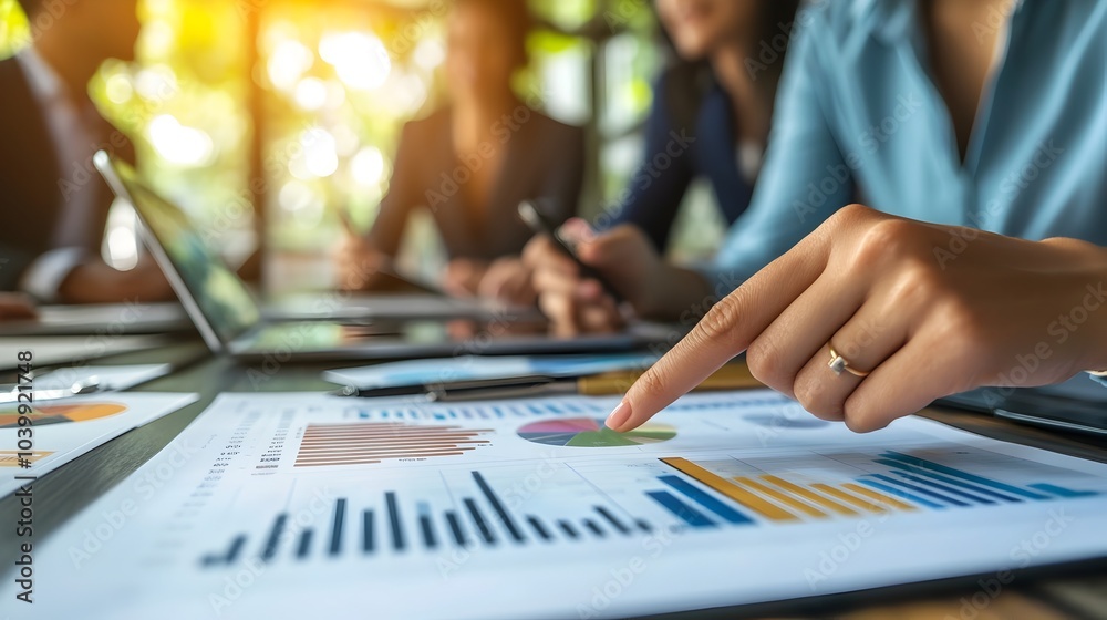 Businesswoman's Hand Pointing at Tablet Graph with Colleagues Discussing Business Performance