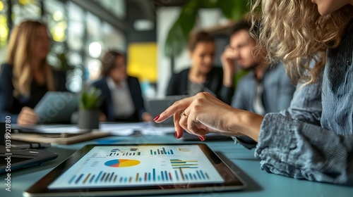 Businesswoman Analyzing Digital Graph on Tablet During Team