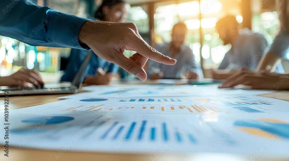Close-up of Hands Pointing at Printed Business Chart During Team Discussion Close-up of Hands Pointing at Printed Business Chart During Team Discussion