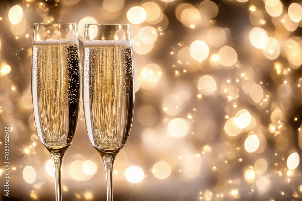 Close up of champagne glasses with festive bokeh lights for holiday celebration Close up of champagne glasses with festive bokeh lights for holiday celebration