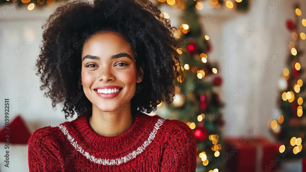 charming black woman smiling at home, decorated with Christmas tree and garland, happy Christmas time or New year charming black woman smiling at home, decorated with Christmas tree and garland, happy Christmas time or New year