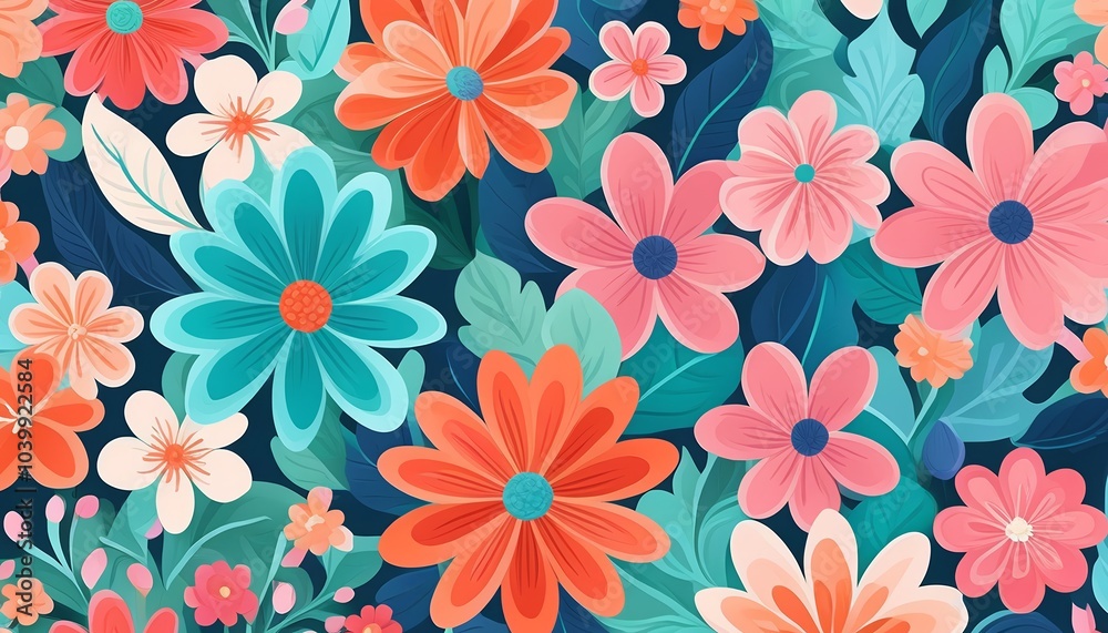 Illustration of cartoon flower and leaf wallpaper, with bright colors and an abstract style Illustration of cartoon flower and leaf wallpaper, with bright colors and an abstract style