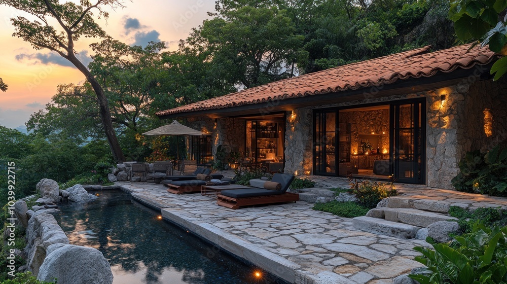 Scenic modern villa with pool amidst lush greenery at sunset. Scenic modern villa with pool amidst lush greenery at sunset.