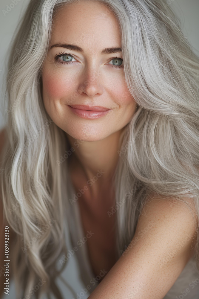 attractive woman in her fifties with long, wavy silver hair and subtle makeup, smiling at the camera in soft, natural lighting. attractive woman in her fifties with long, wavy silver hair and subtle makeup, smiling at the camera in soft, natural lighting.