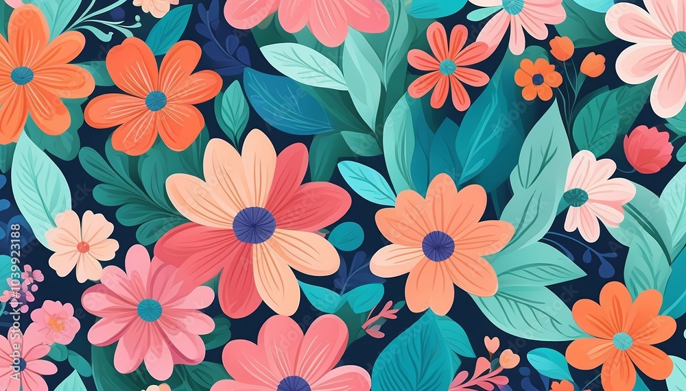 Illustration of cartoon flower and leaf wallpaper, with bright colors and an abstract style