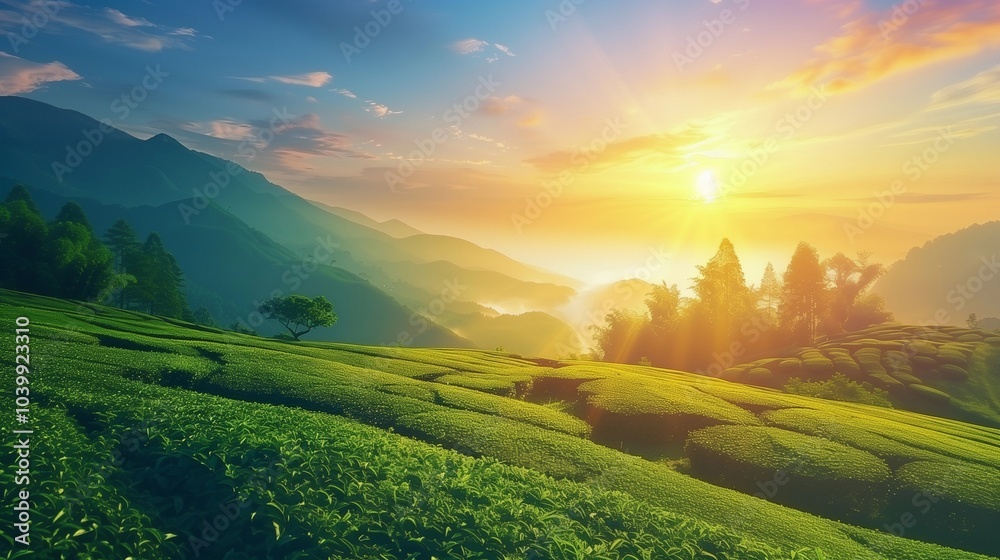 Fototapeta premium Sunrise illuminating a vast tea plantation with mist-covered mountains in the background. Ideal for nature, travel, and environmental themes