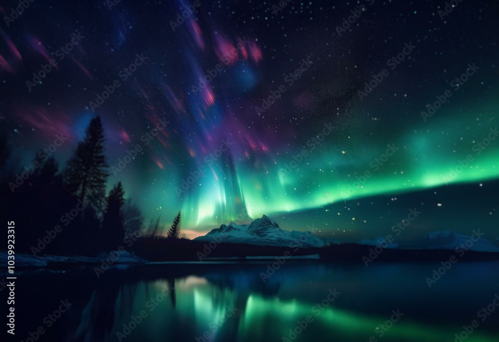 Fototapeta premium A vibrant green and purple aurora borealis dances across the night sky above a calm lake and a snow-capped mountain range.