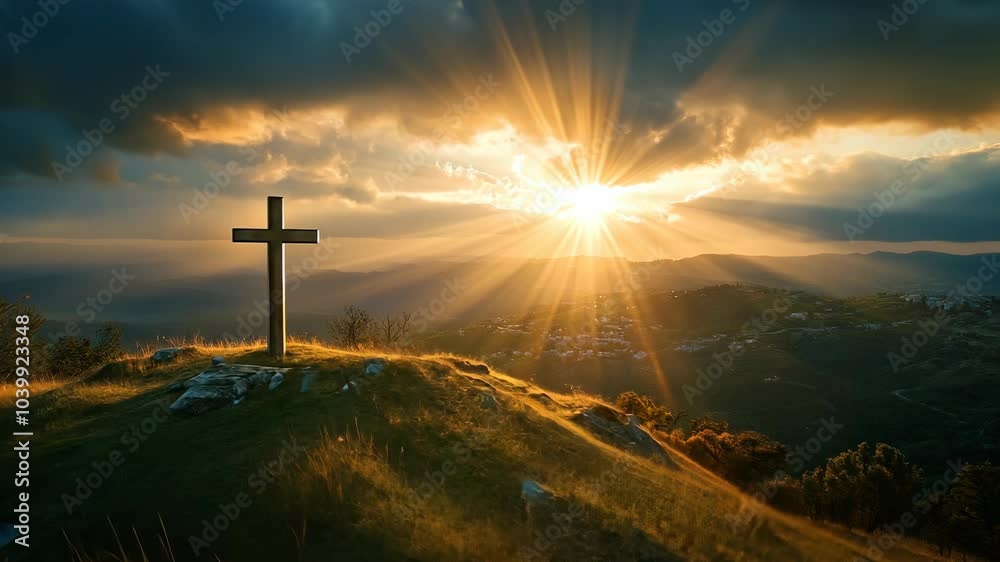 A wooden cross stands tall on a grassy hilltop with the sun setting behind it