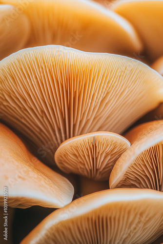  Close-up of mushroom gills, symmetrical composition, macro photography style, macro lens, bright natural light and shadow interweaving effect. 