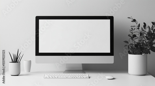 Computer screen mockup with houseplants near white wall. Digital equipment of corporate office template advertising image. Pc monitor mock up on desk product photorealistic