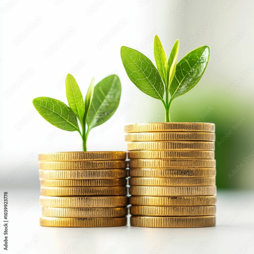 A pair of leafy green plants emerge from stacks of shiny coins, symbolizing growth, prosperity, and the connection between nature and finance. A pair of leafy green plants emerge from stacks of shiny coins, symbolizing growth, prosperity, and the connection between nature and finance.