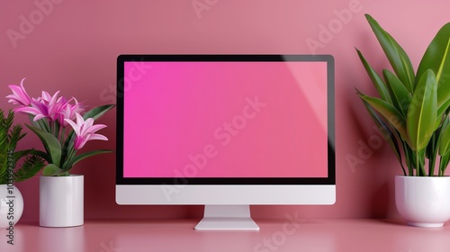 Computer mockup and exotic potted plants on pink backdrop. Trendy workplace with modern pc monitor template advertising image. Feminine design screen mock up product photorealistic
