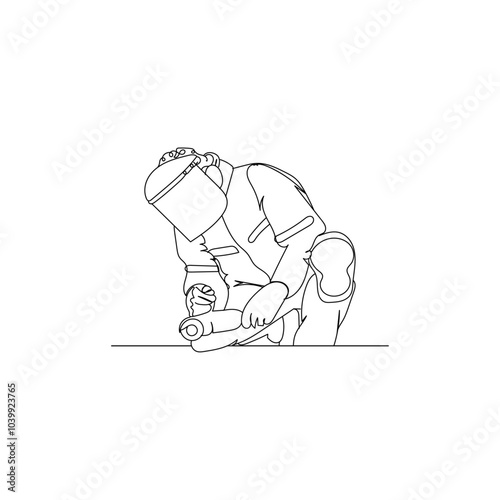 Dessin en ligne continue d'un homme tenant une meuleuse, line art, vecteur