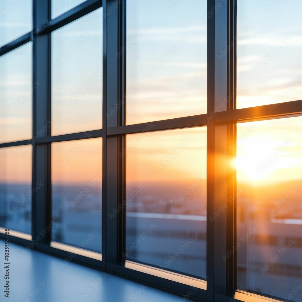 A tranquil sunset view through large windows, illuminating the skyline with warm hues and offering a serene escape. A tranquil sunset view through large windows, illuminating the skyline with warm hues and offering a serene escape.