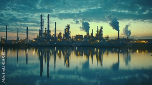 Industrial Landscape at Dusk with Reflection