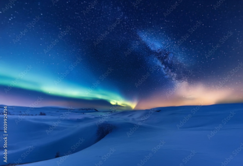 Obraz premium A vast snowy landscape stretches beneath a starry sky, with an aurora borealis and the milky way shining brightly overhead.